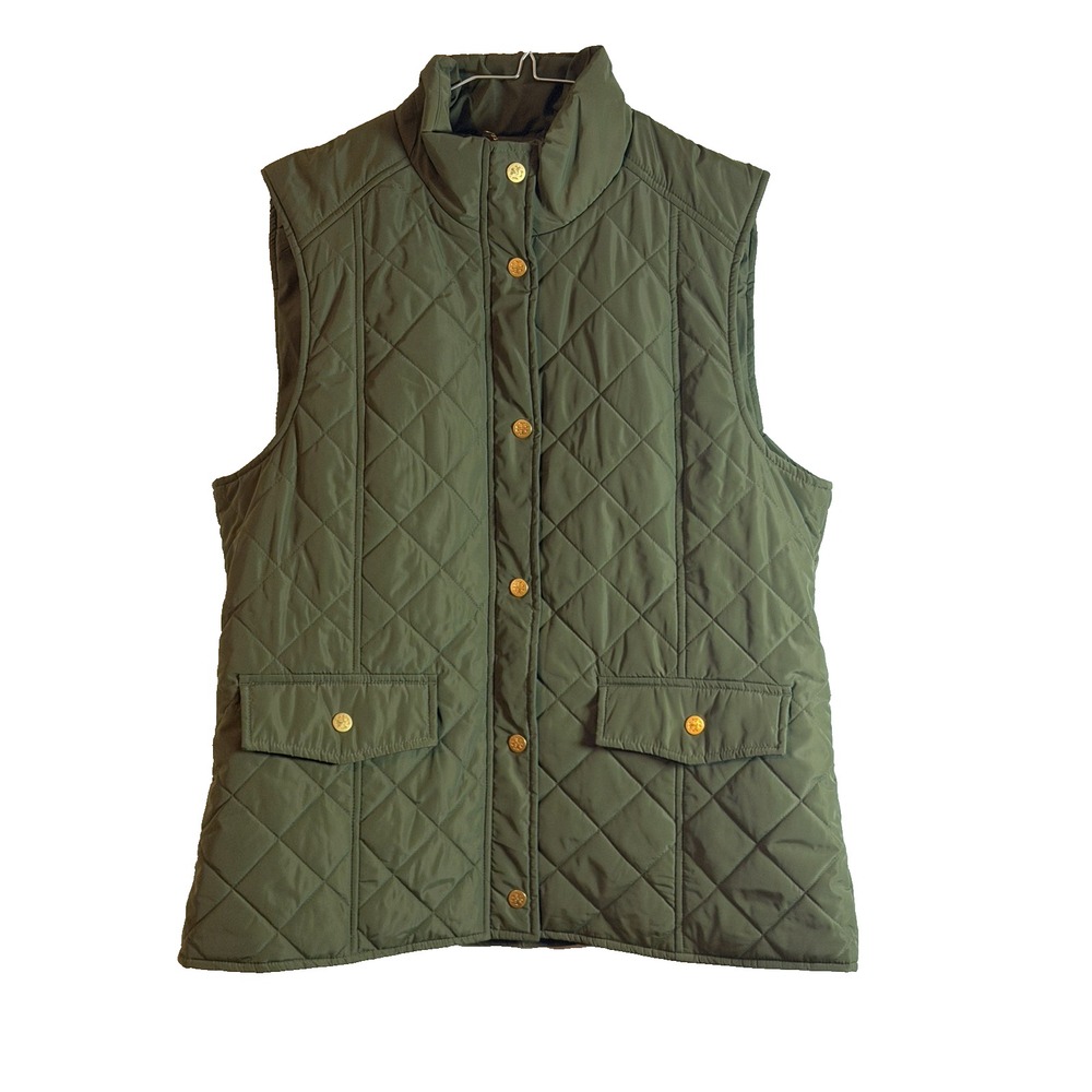 Tory Burch Women's XL Green Quilted Puffer Vest Gold Logo Snap Closure NWOT